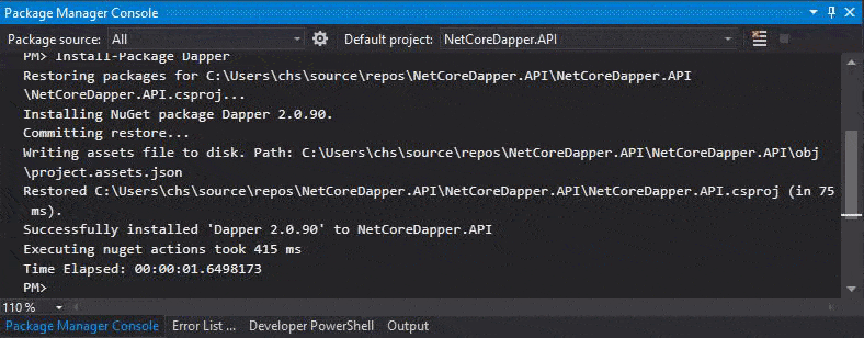 Change default project and install Dapper